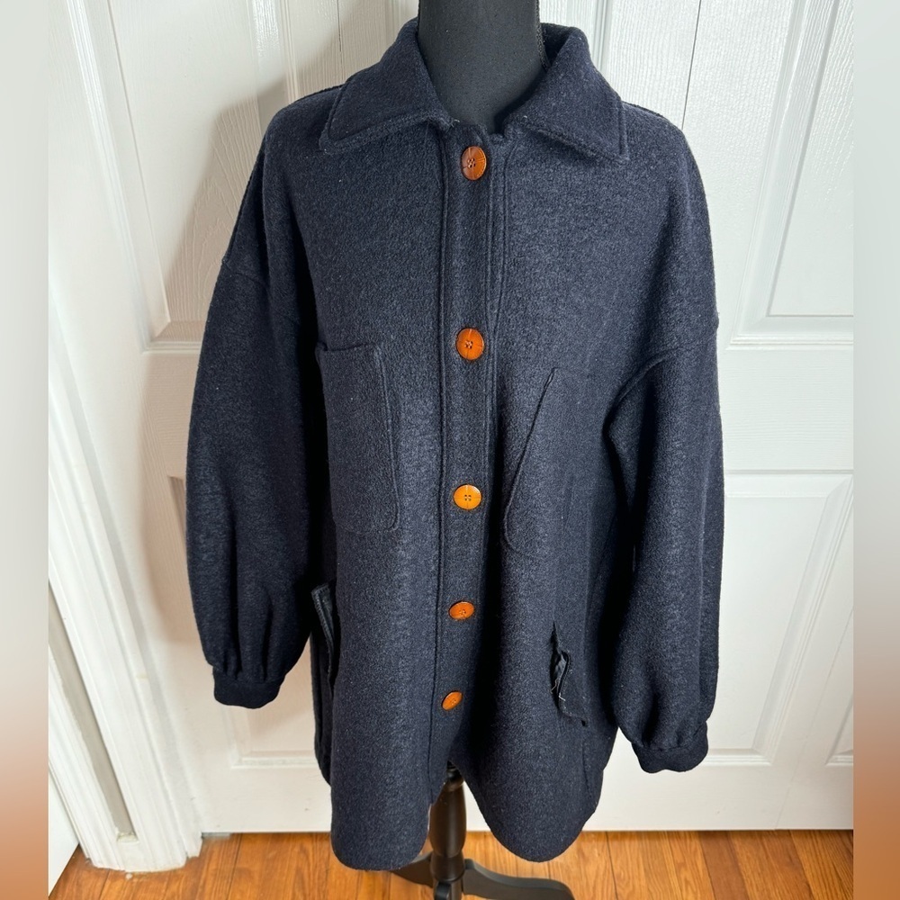 H&M Italian Wool Navy Blue Coat Jacket Women Size 12 Button Nova Fides Italy - Picture 2 of 4
